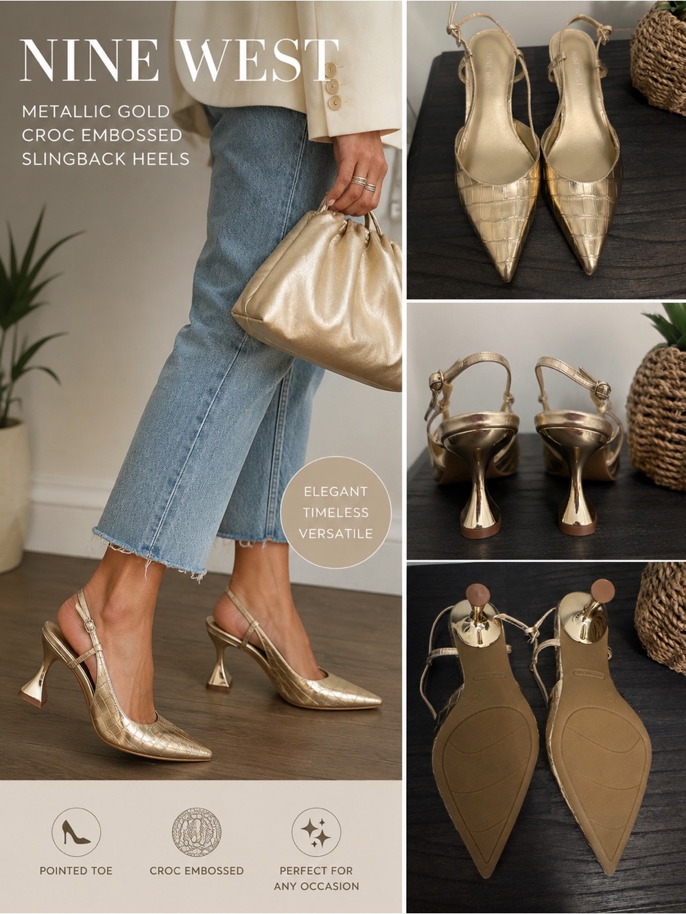Nine West Metallic Gold Croc-Embossed Pointed Slingback Heels Size 7